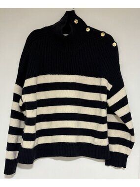 COS Turtleneck Striped Navy Cream Women’s Wool Chunky Knit Gold Button Sz Large